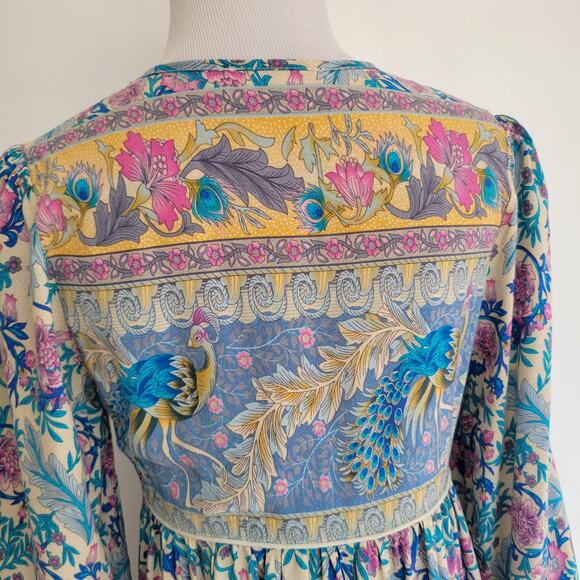 R Vivimos Boho Dress Vintage Print Birds Floral Empire Waist Midi Women Medium - Picture 6 of 11